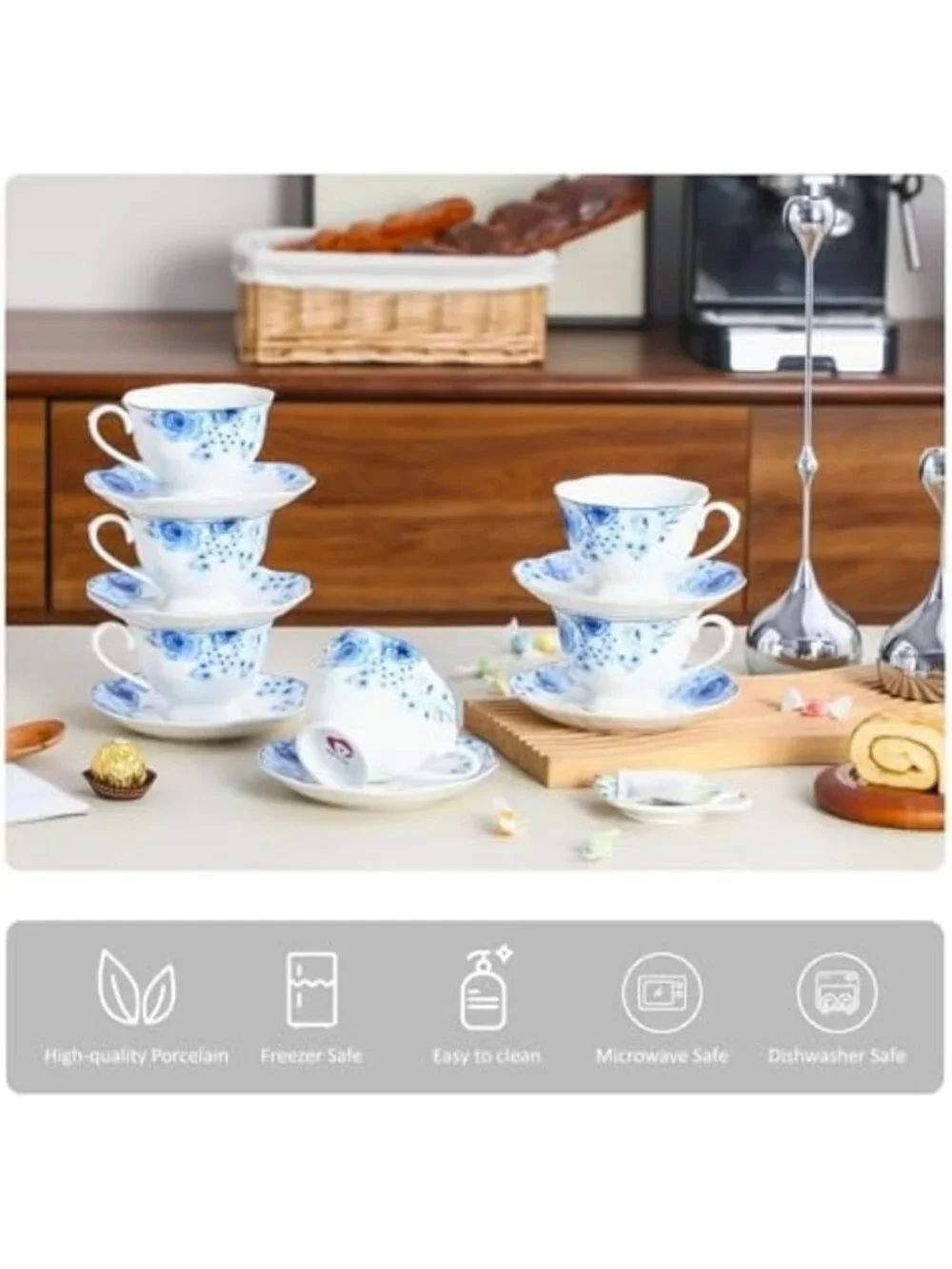 Elegant Blue Floral Porcelain Tea Cup & Saucer Set of 6 - Perfect for Tea Lovers